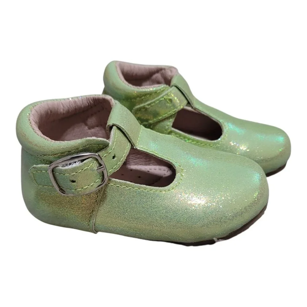 NEW A Bear Co Toddler Size 3 Smooth Glitter T-Strap Flats‎ Green Girls
